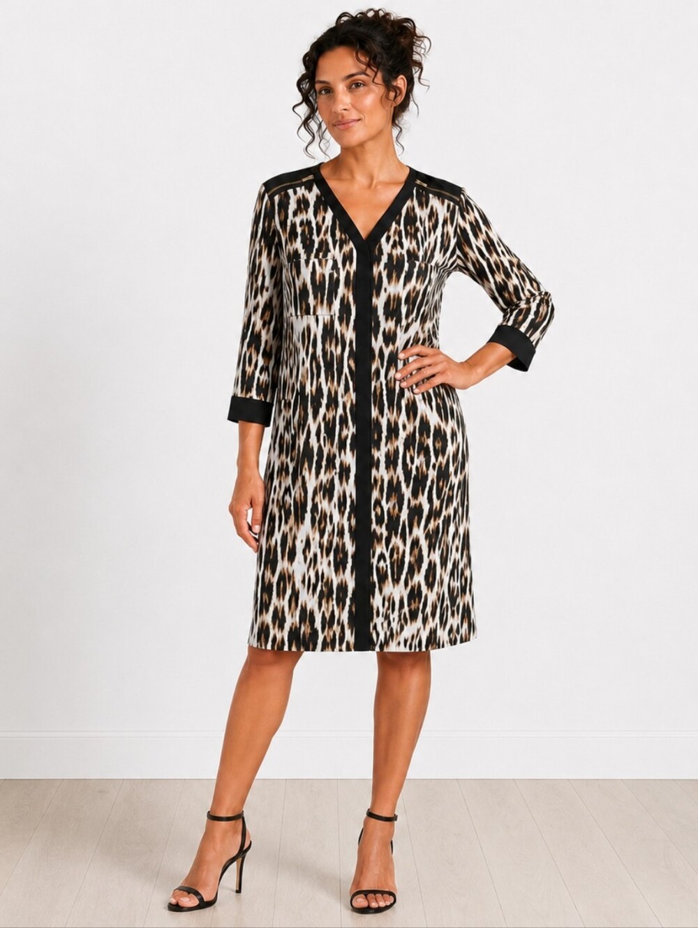 Chico's Leopard Animal Print V Neck Stretch Knit Tunic Dress Size M